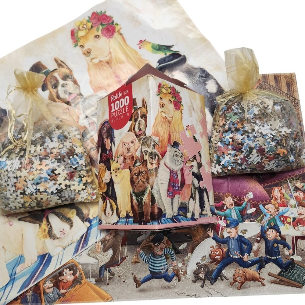 Two 1000 Pieces Large Puzzles Pretty Dogs and Coffee Cafe Scene Rolife